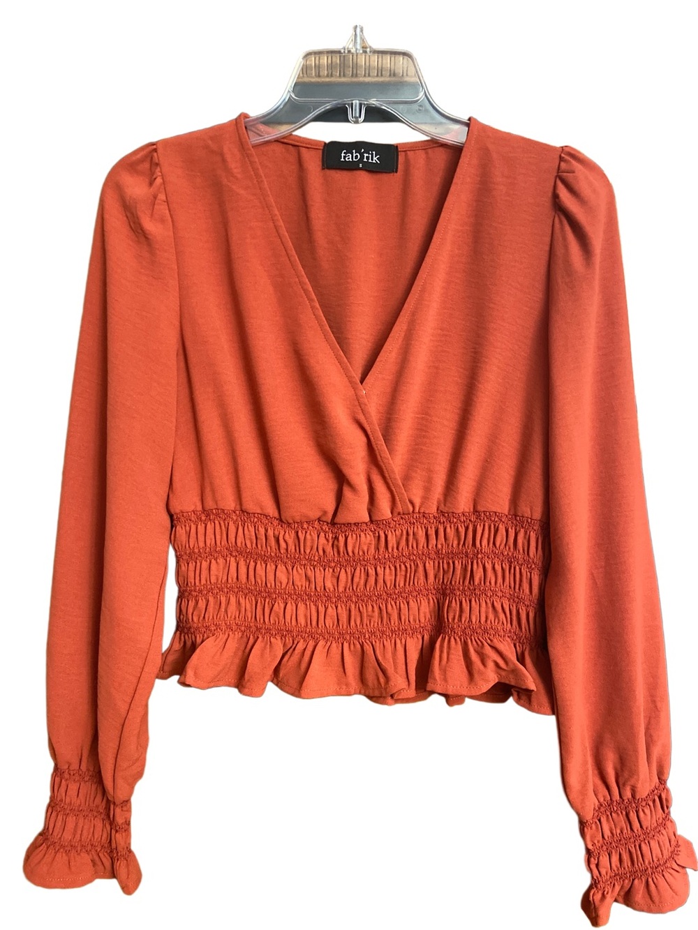 fab'rik Rust Orange Smocked Waist V-Neck Long Sleeve Top